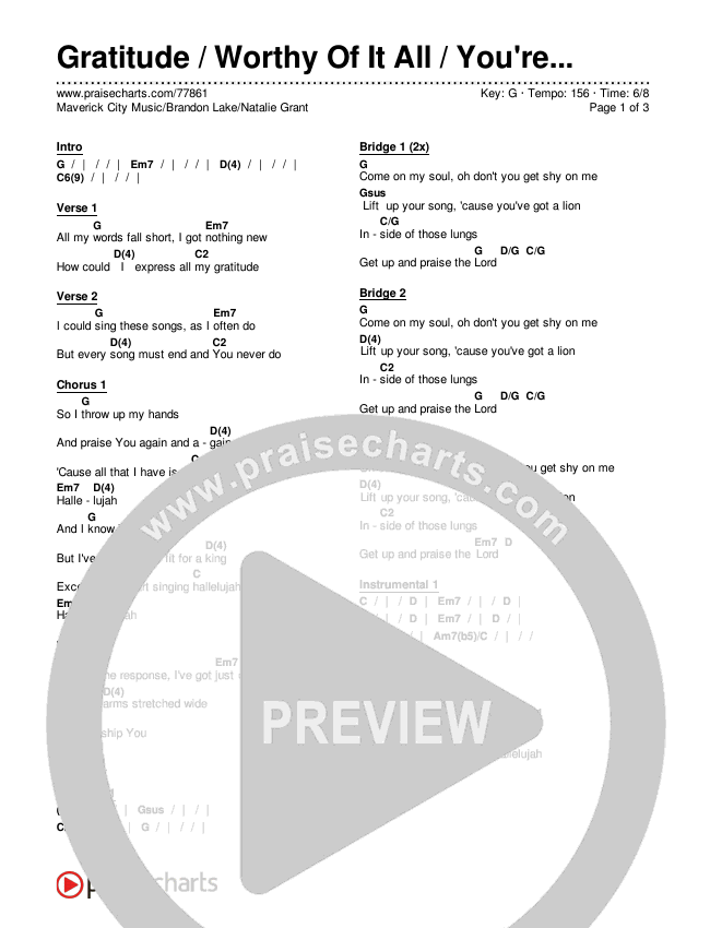 Gratitude / Worthy Of It All / You're Worthy Of My Praise Chords & Lyrics (Maverick City Music / Brandon Lake / Natalie Grant)