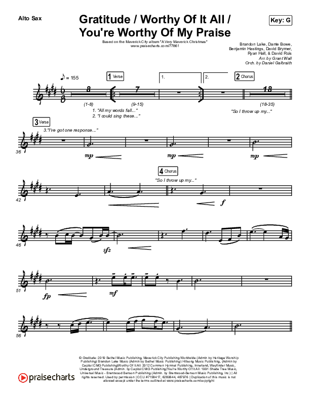 Gratitude / Worthy Of It All / You're Worthy Of My Praise Alto Sax (Maverick City Music / Brandon Lake / Natalie Grant)