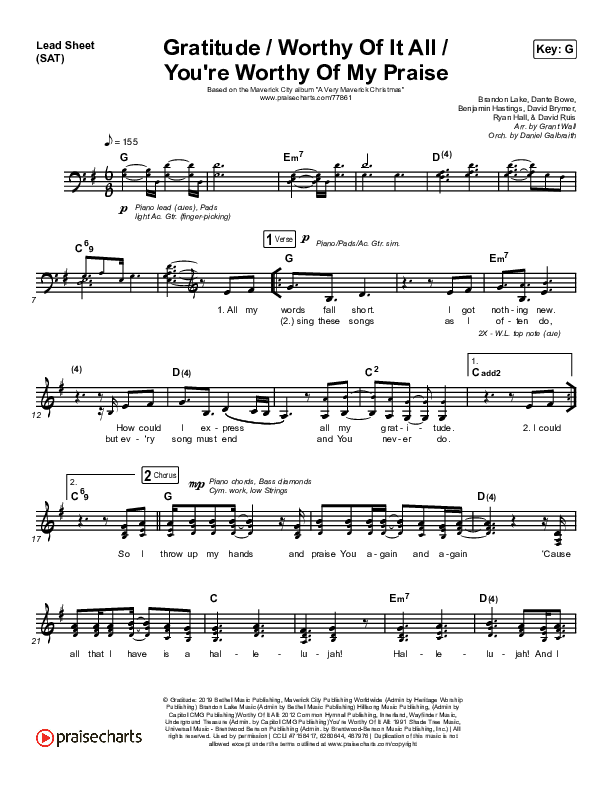 Gratitude / Worthy Of It All / You're Worthy Of My Praise Lead Sheet (SAT) (Maverick City Music / Brandon Lake / Natalie Grant)