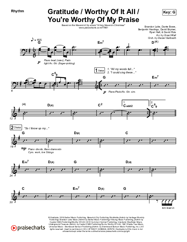 Gratitude / Worthy Of It All / You're Worthy Of My Praise Rhythm Chart (Maverick City Music / Brandon Lake / Natalie Grant)