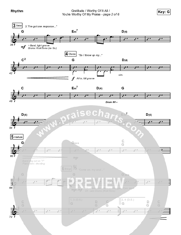 Gratitude / Worthy Of It All / You're Worthy Of My Praise Rhythm Chart (Maverick City Music / Brandon Lake / Natalie Grant)