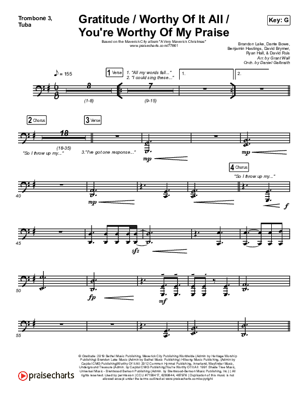 Gratitude / Worthy Of It All / You're Worthy Of My Praise Trombone 3/Tuba (Maverick City Music / Brandon Lake / Natalie Grant)