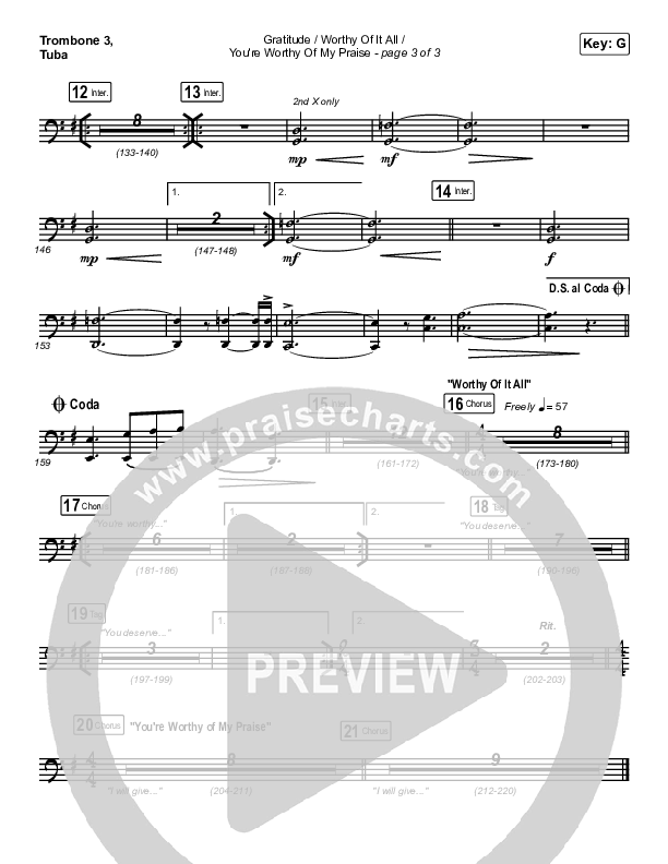 Gratitude / Worthy Of It All / You're Worthy Of My Praise Trombone 3/Tuba (Maverick City Music / Brandon Lake / Natalie Grant)