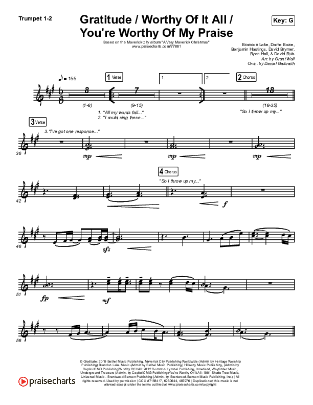 Gratitude / Worthy Of It All / You're Worthy Of My Praise Trumpet 1,2 (Maverick City Music / Brandon Lake / Natalie Grant)