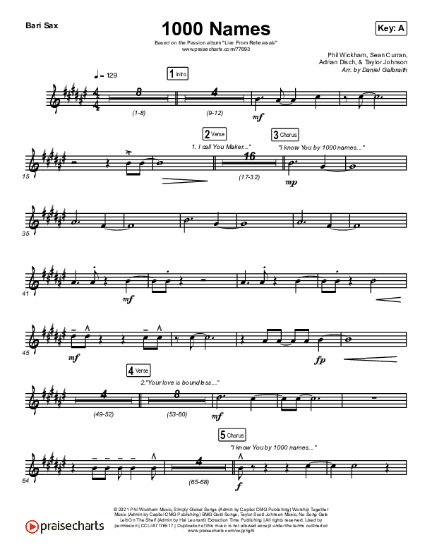 1000 Names (Live) Bari Sax Sheet Music PDF (Passion) PraiseCharts