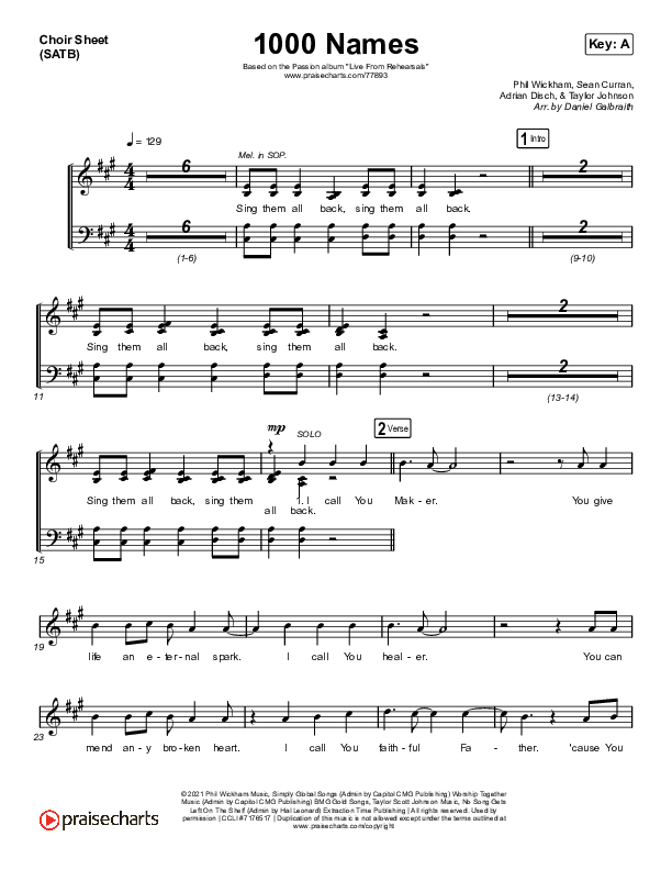 1000 Names (Live) Choir Sheet (SATB) (Print Only) (Passion)