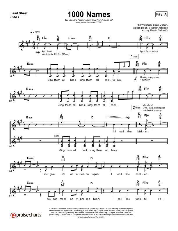 1000 Names (Live) Lead Sheet (Print Only) (Passion)
