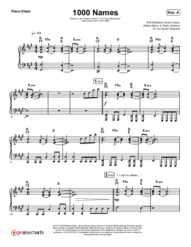 1000 Names (Live) Piano Sheet (Passion)