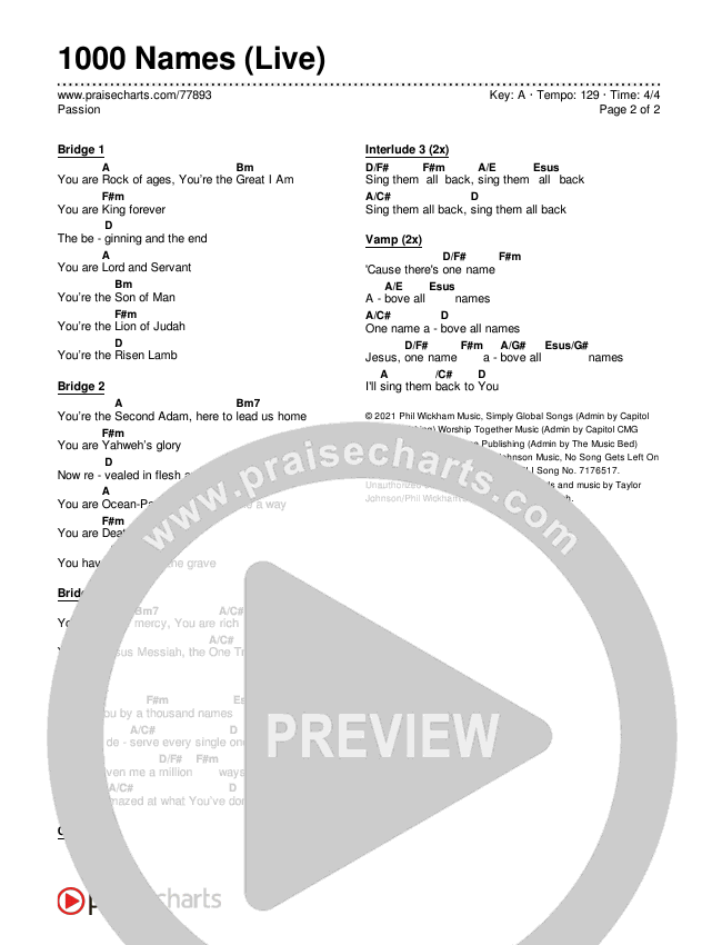 1000 Names (Live) Chords & Lyrics (Passion)
