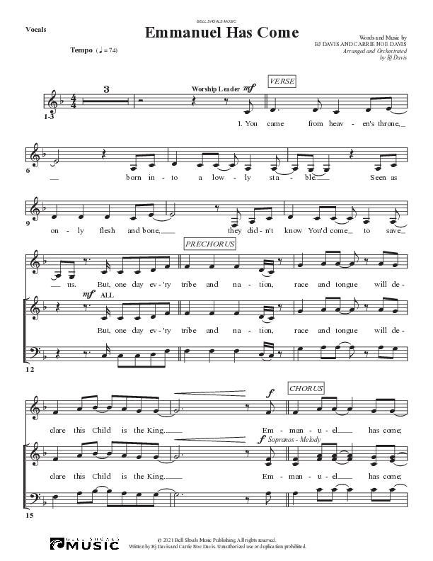 Emmanuel Has Come Choir Sheet (SATB) (Bell Shoals Music)