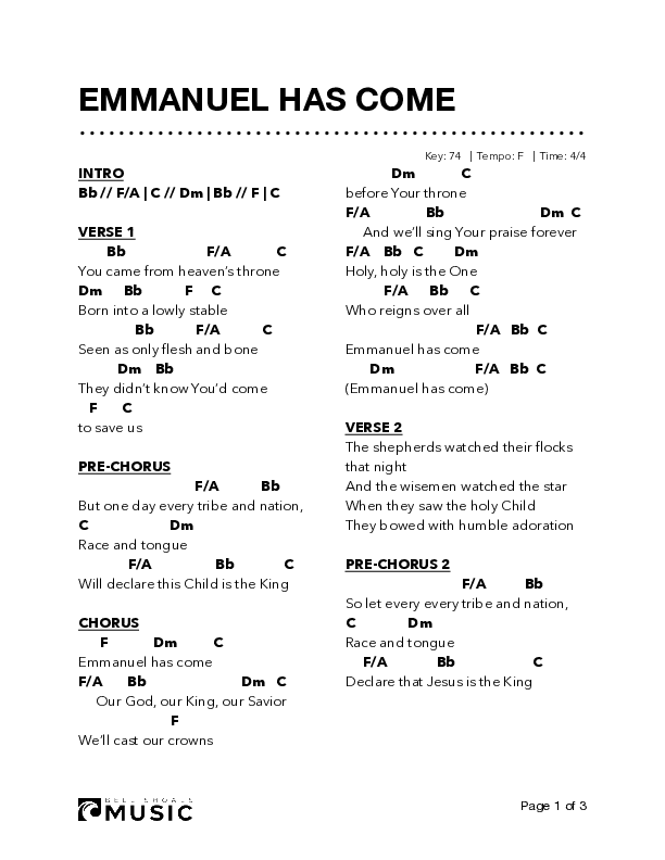 Emmanuel Has Come Chord Chart (Bell Shoals Music)