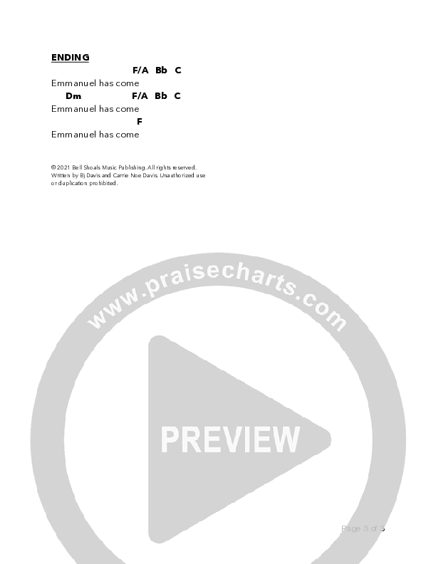 Emmanuel Has Come Chord Chart (Bell Shoals Music)