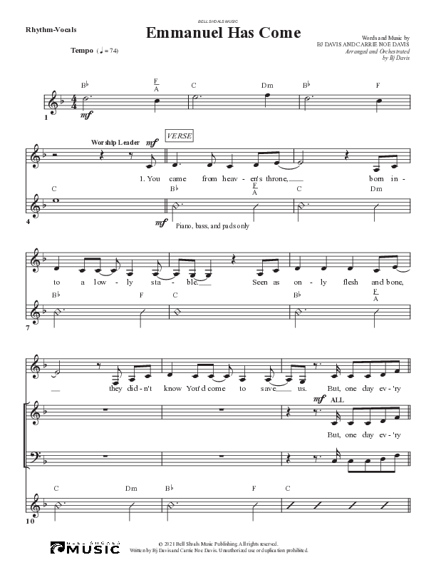 Emmanuel Has Come Lead Sheet (SAT) (Bell Shoals Music)