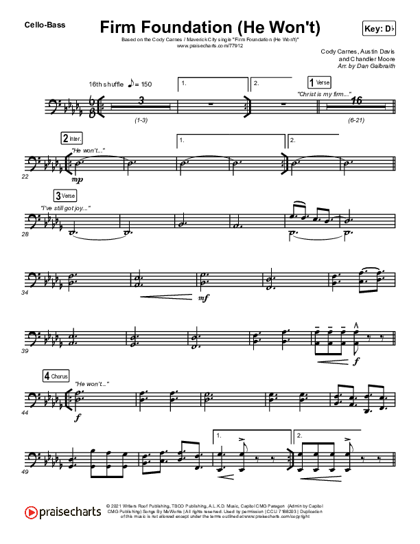 Firm Foundation (He Won't) (Live) Cello/Bass (Cody Carnes / Chandler Moore / Maverick City Music)