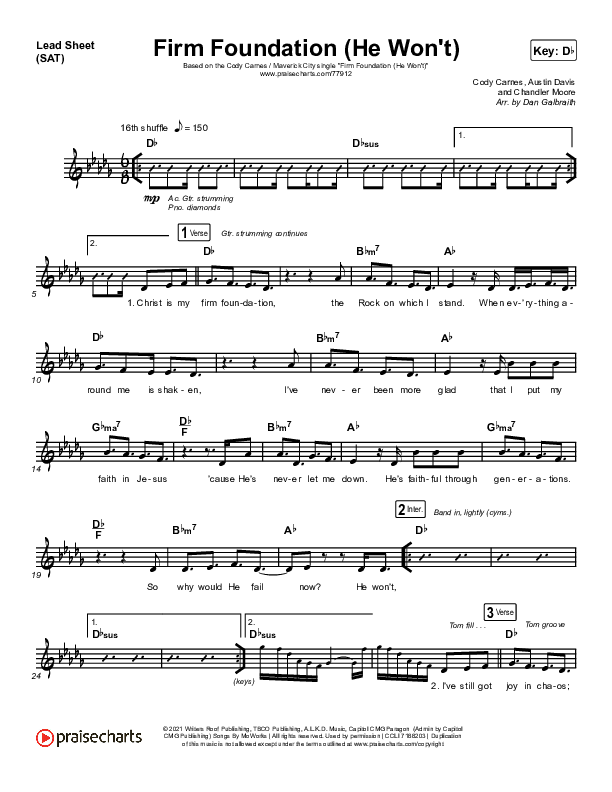 Firm Foundation (He Won't) (Live) Lead Sheet (SAT) (Cody Carnes / Chandler Moore / Maverick City Music)