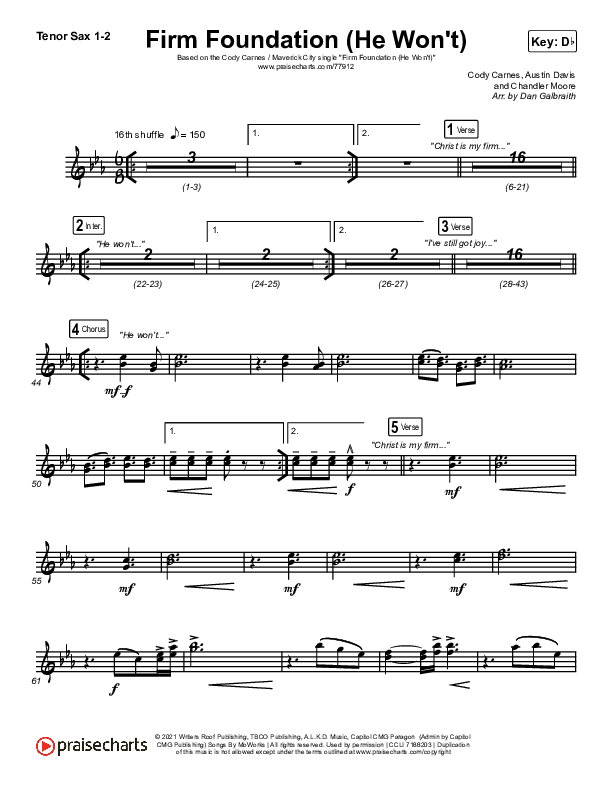 Firm Foundation (He Won't) (Live) Tenor Sax 1/2 (Cody Carnes / Chandler Moore / Maverick City Music)