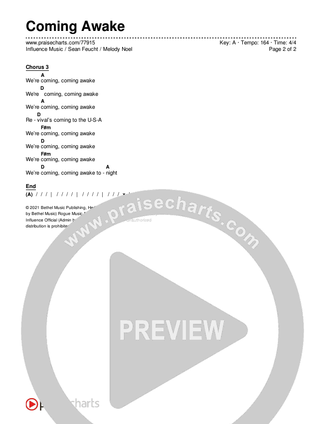 Coming Awake Chords & Lyrics (Influence Music / Sean Feucht / Melody Noel)
