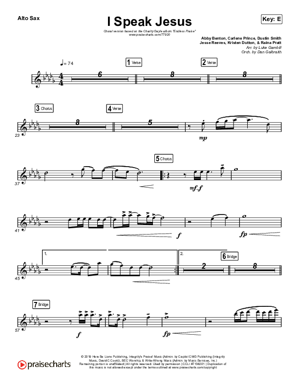 I Speak Jesus (Choral Anthem SATB) Alto Sax (Charity Gayle / Arr. Luke Gambill)