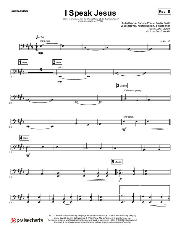 I Speak Jesus (Choral Anthem SATB) Cello/Bass (Charity Gayle / Arr. Luke Gambill)