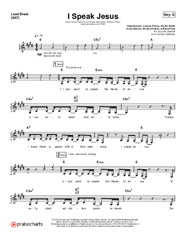 I Speak Jesus (Choral Anthem SATB) Lead Sheet (SAT) (Charity Gayle / Arr. Luke Gambill)