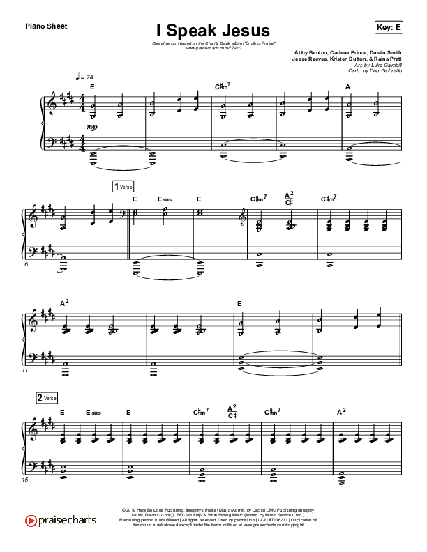 I Speak Jesus (Choral Anthem SATB) Piano Sheet (Charity Gayle / Arr. Luke Gambill)