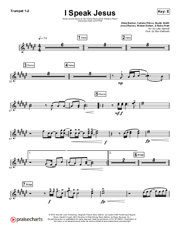 I Speak Jesus (Choral Anthem SATB) Trumpet 1,2 (Charity Gayle / Arr. Luke Gambill)
