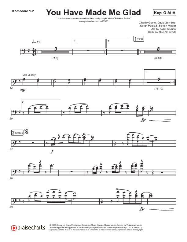You Have Made Me Glad (Choral Anthem SATB) Trombone 1,2 (Arr. Luke Gambill / Charity Gayle)