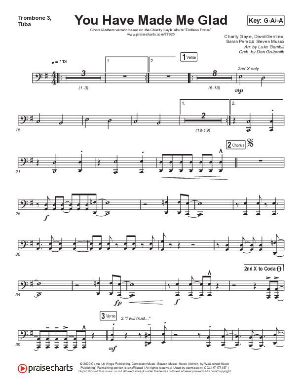 You Have Made Me Glad (Choral Anthem SATB) Trombone 3/Tuba (Arr. Luke Gambill / Charity Gayle)