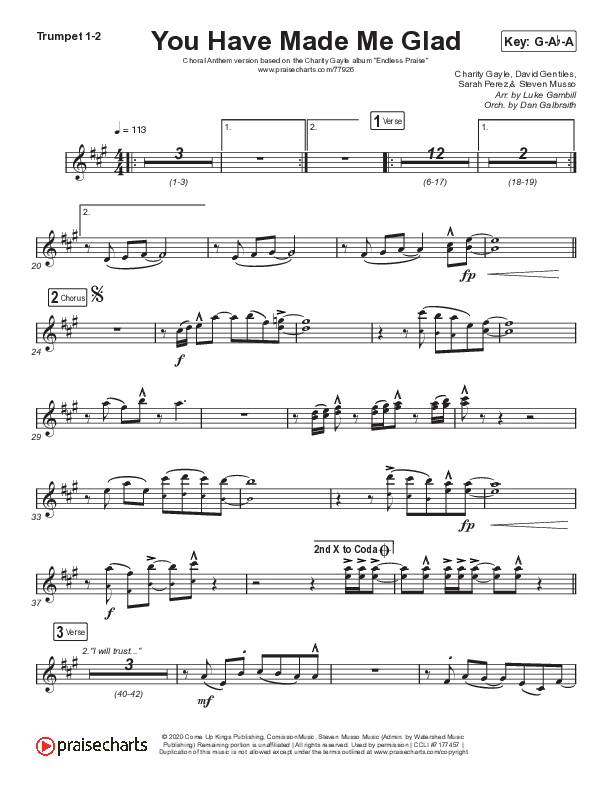 You Have Made Me Glad (Choral Anthem SATB) Trumpet 1,2 (Arr. Luke Gambill / Charity Gayle)