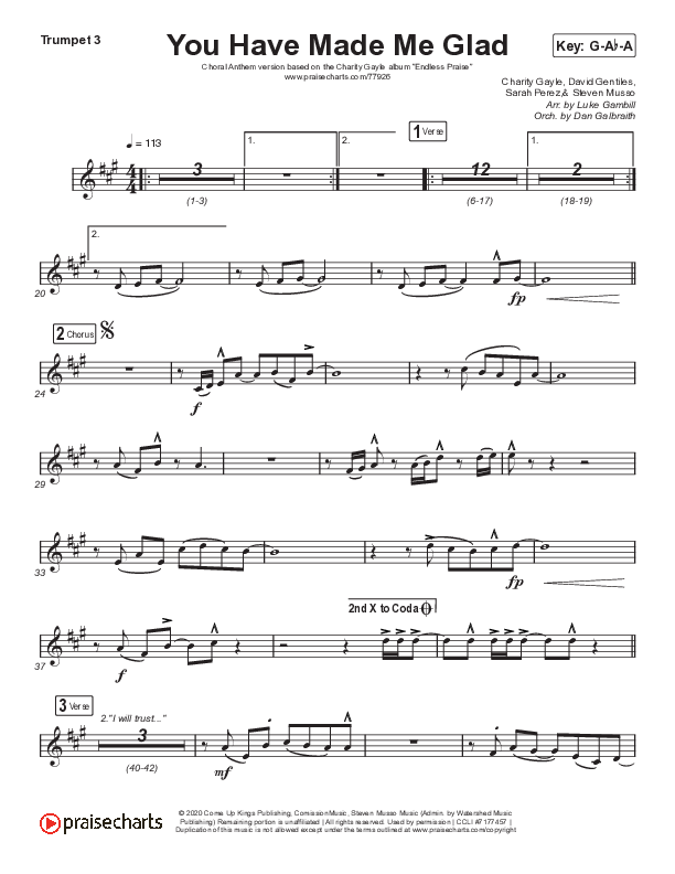 You Have Made Me Glad (Choral Anthem SATB) Trumpet 3 (Arr. Luke Gambill / Charity Gayle)