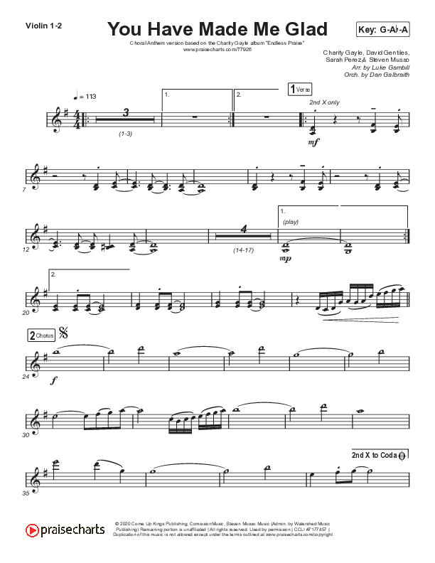 You Have Made Me Glad (Choral Anthem SATB) Violin 1,2 (Arr. Luke Gambill / Charity Gayle)