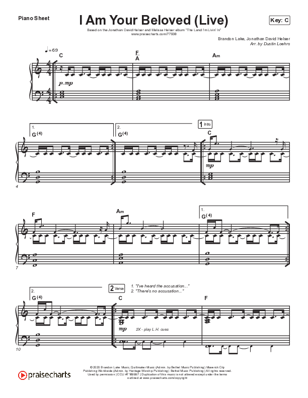 I Am Your Beloved (Live) Piano Sheet (Jonathan David Helser / Melissa Helser)