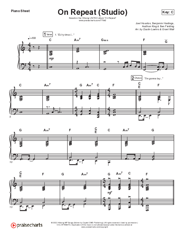On Repeat (Studio) Piano Sheet (Hillsong UNITED)