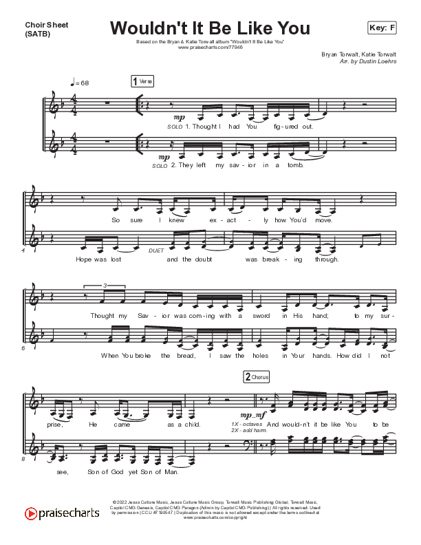 Wouldn't It Be Like You (Live) Choir Sheet (SATB) (Bryan & Katie Torwalt)