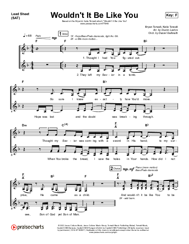 Wouldn't It Be Like You (Live) Lead Sheet (SAT) (Bryan & Katie Torwalt)