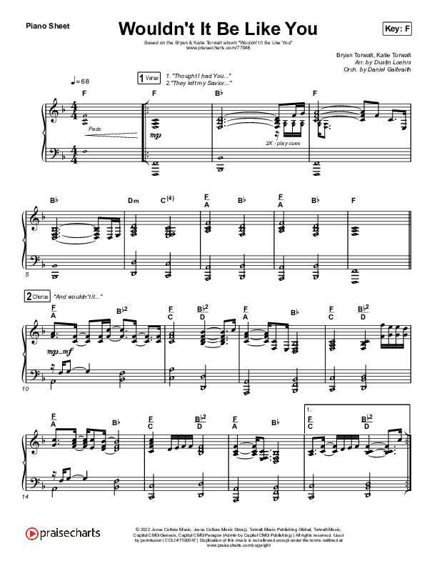 Wouldn't It Be Like You (Live) Piano Sheet (Bryan & Katie Torwalt)