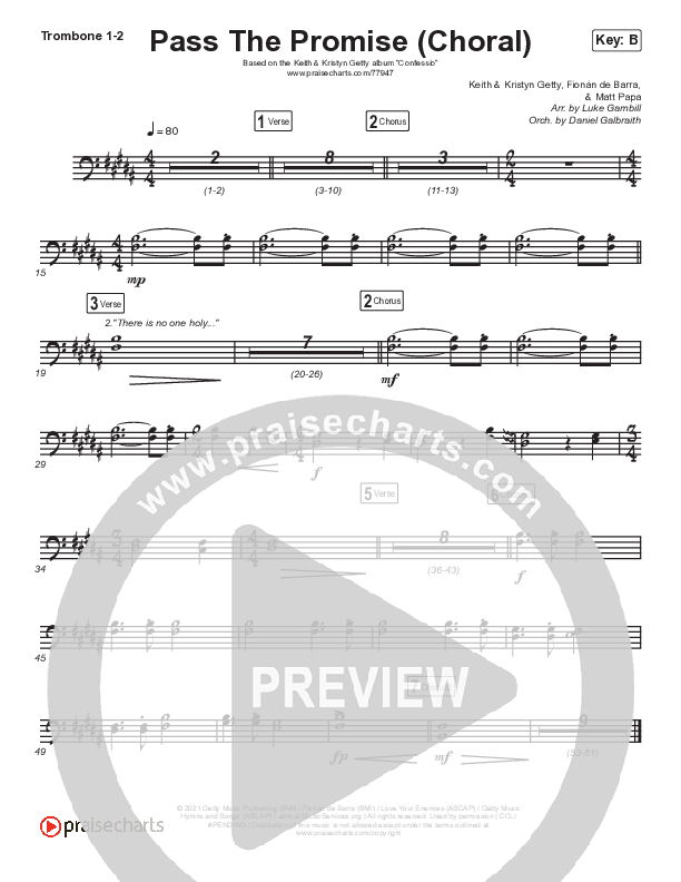 Pass The Promise (Choral Anthem SATB) Trombone 1/2 (Keith & Kristyn Getty / Sandra McCracken / Arr. Luke Gambill)