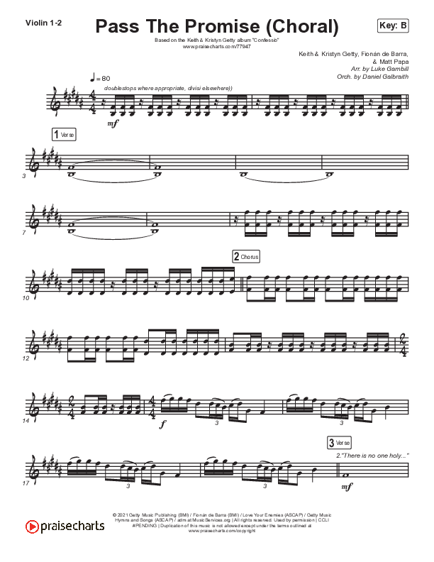 Pass The Promise (Choral Anthem SATB) Violin 1,2 (Keith & Kristyn Getty / Sandra McCracken / Arr. Luke Gambill)