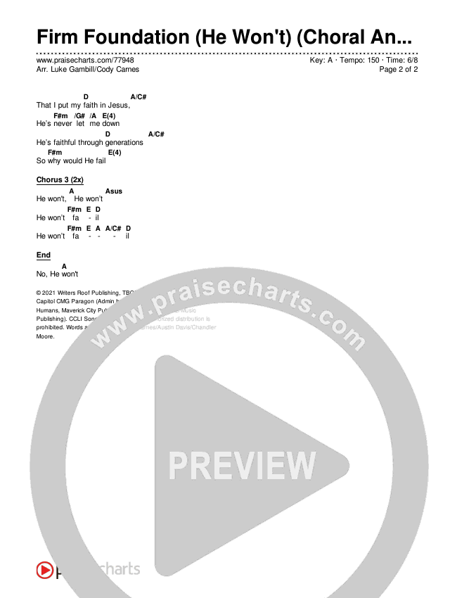 Firm Foundation (He Won't) (Choral Anthem SATB) Chords & Lyrics (Arr. Luke Gambill / Cody Carnes)