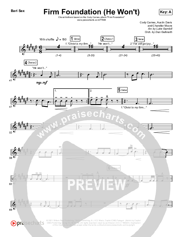 Firm Foundation (He Won't) (Choral Anthem SATB) Bari Sax (Arr. Luke Gambill / Cody Carnes)