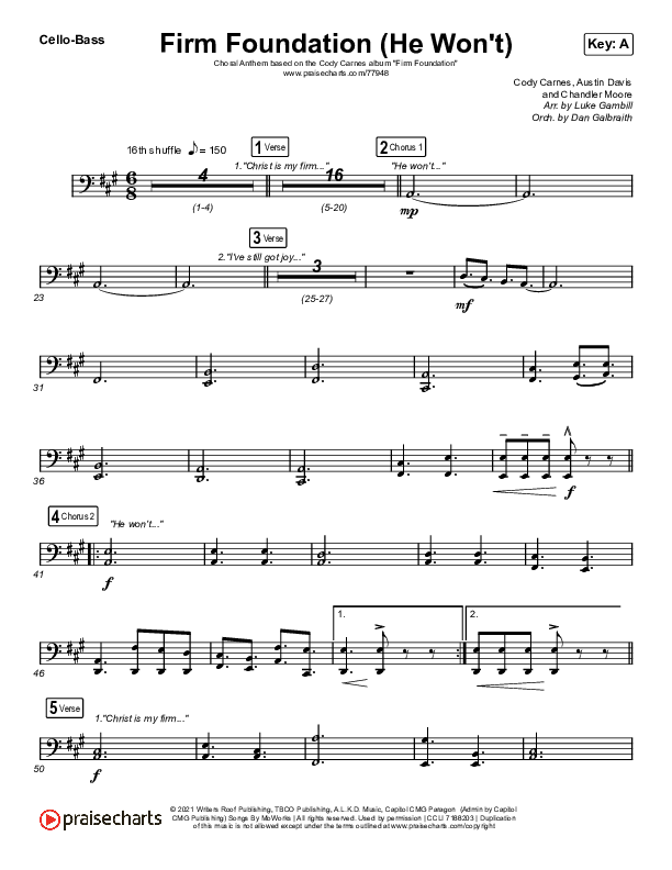 Firm Foundation (He Won't) (Choral Anthem SATB) Cello/Bass (Arr. Luke Gambill / Cody Carnes)
