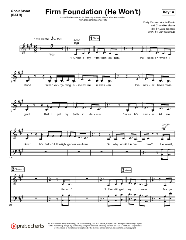 Firm Foundation (He Won't) (Choral Anthem SATB) Choir Sheet (SATB) (Arr. Luke Gambill / Cody Carnes)