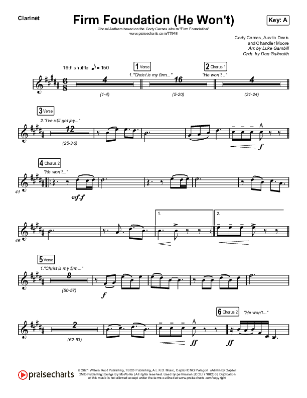 Firm Foundation (He Won't) (Choral Anthem SATB) Clarinet (Arr. Luke Gambill / Cody Carnes)