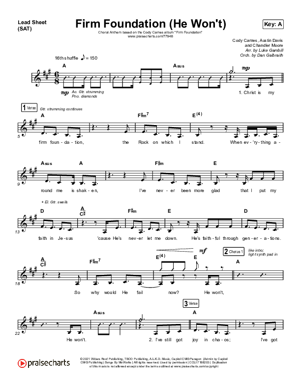 Firm Foundation (He Won't) (Choral Anthem SATB) Lead Sheet (SAT) (Arr. Luke Gambill / Cody Carnes)
