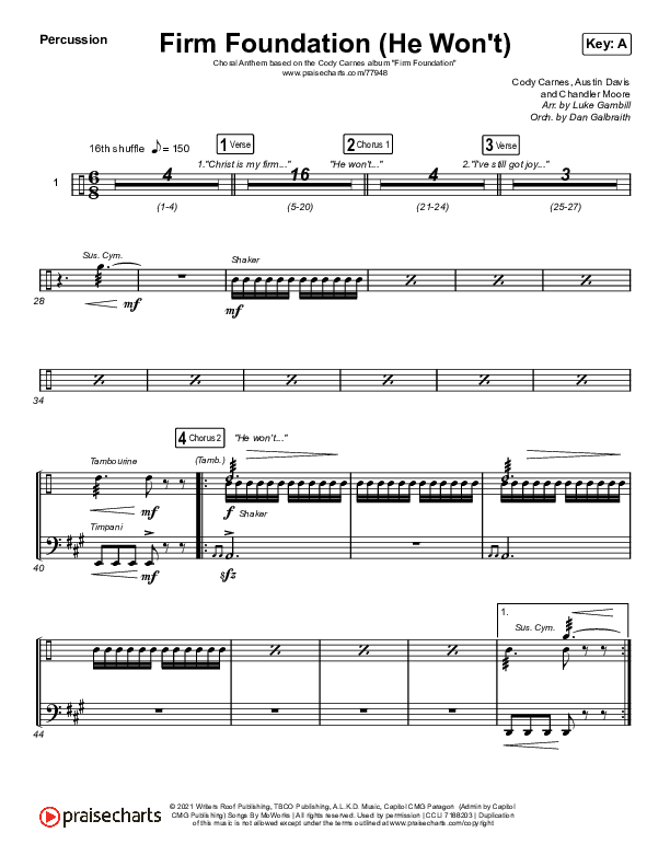 Firm Foundation (He Won't) (Choral Anthem SATB) Percussion (Arr. Luke Gambill / Cody Carnes)