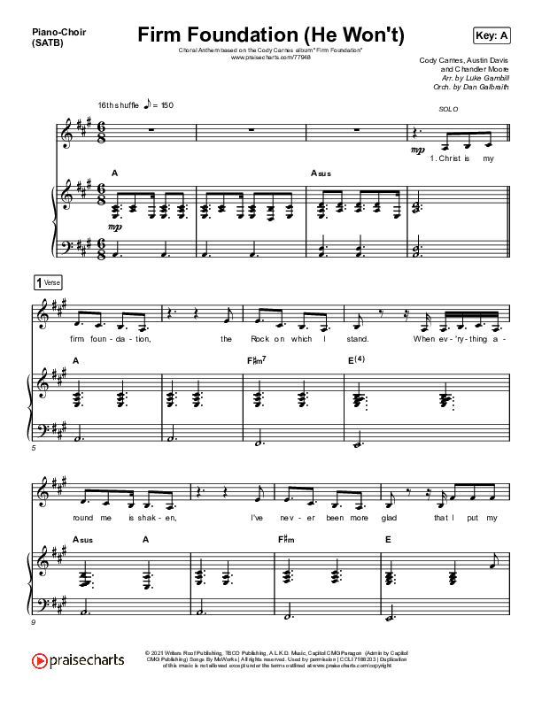 Firm Foundation (He Won't) (Choral Anthem SATB) Piano/Choir (SATB) (Arr. Luke Gambill / Cody Carnes)