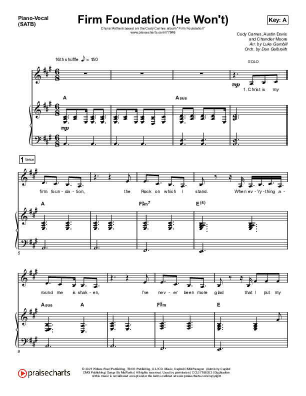 Firm Foundation (He Won't) (Choral Anthem SATB) Piano/Vocal (SATB) (Arr. Luke Gambill / Cody Carnes)