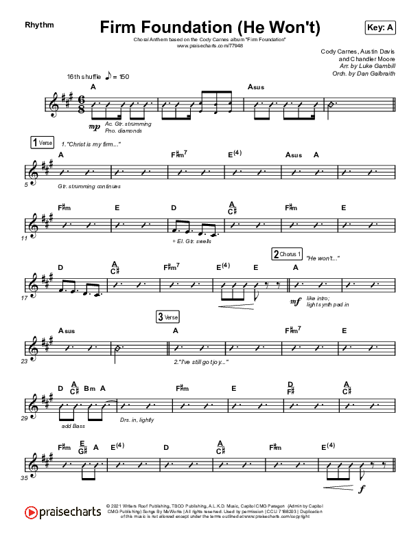 Firm Foundation (He Won't) (Choral Anthem SATB) Rhythm Chart (Arr. Luke Gambill / Cody Carnes)