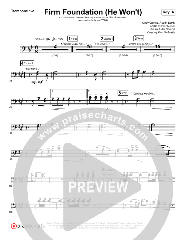 Firm Foundation (He Won't) (Choral Anthem SATB) Trombone 1/2 (Arr. Luke Gambill / Cody Carnes)