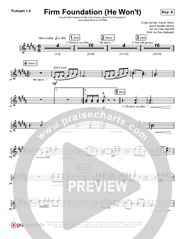 Firm Foundation (He Won't) (Choral Anthem SATB) Trumpet 1,2 (Arr. Luke Gambill / Cody Carnes)